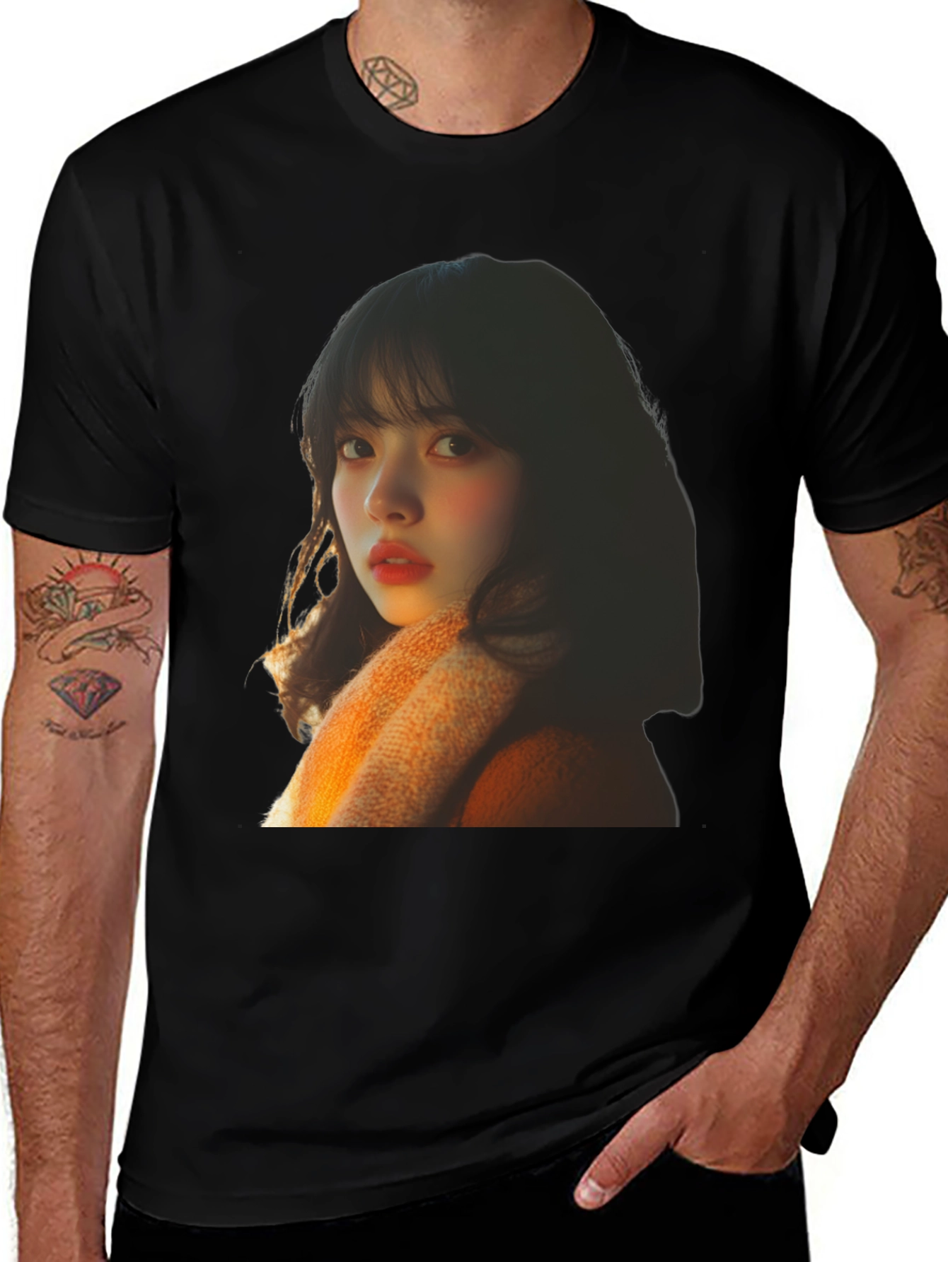 Trendy Black T-Shirt with Portrait Print