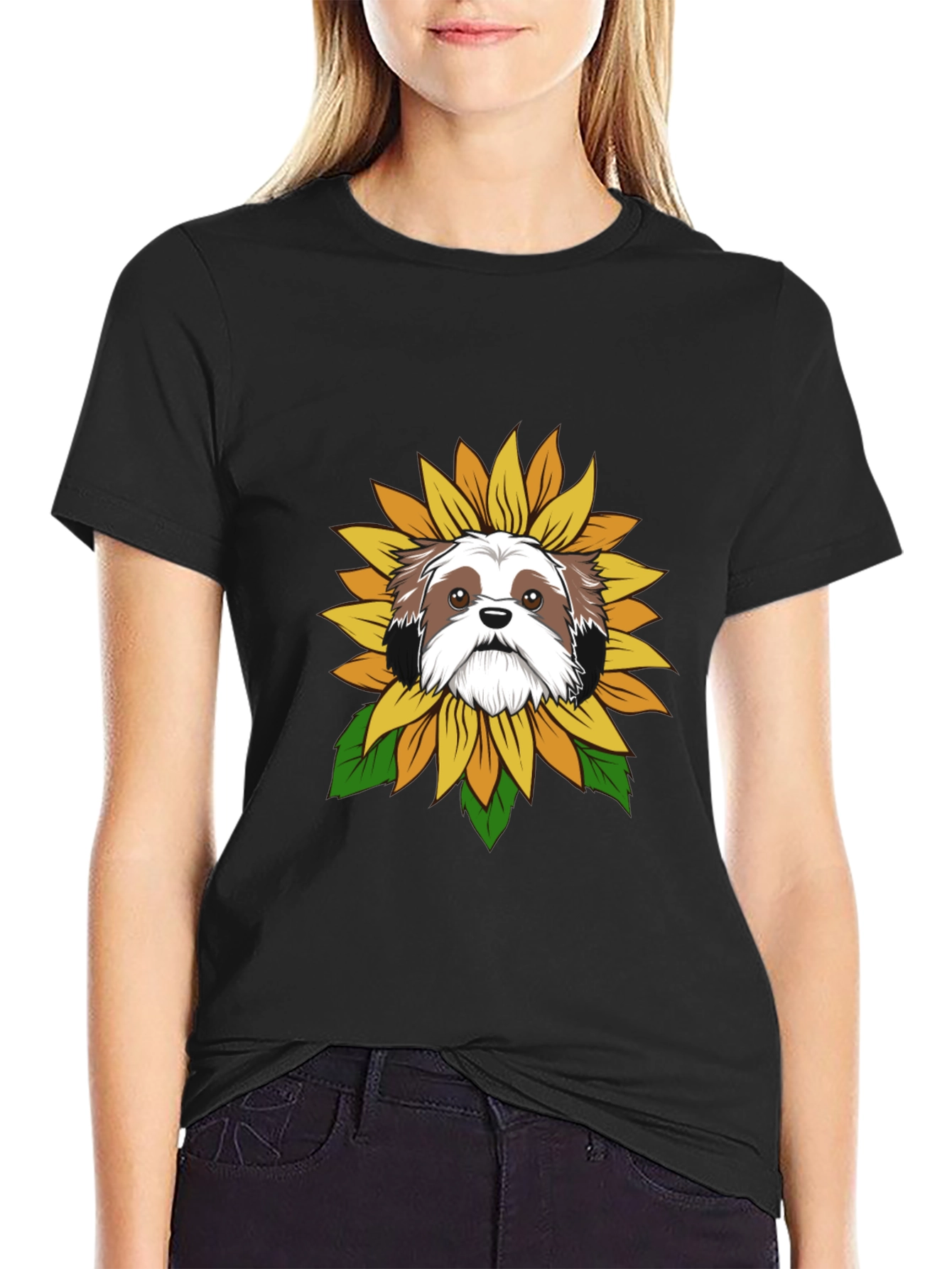 Shih Tzu Sunflower Graphic Tee - Black