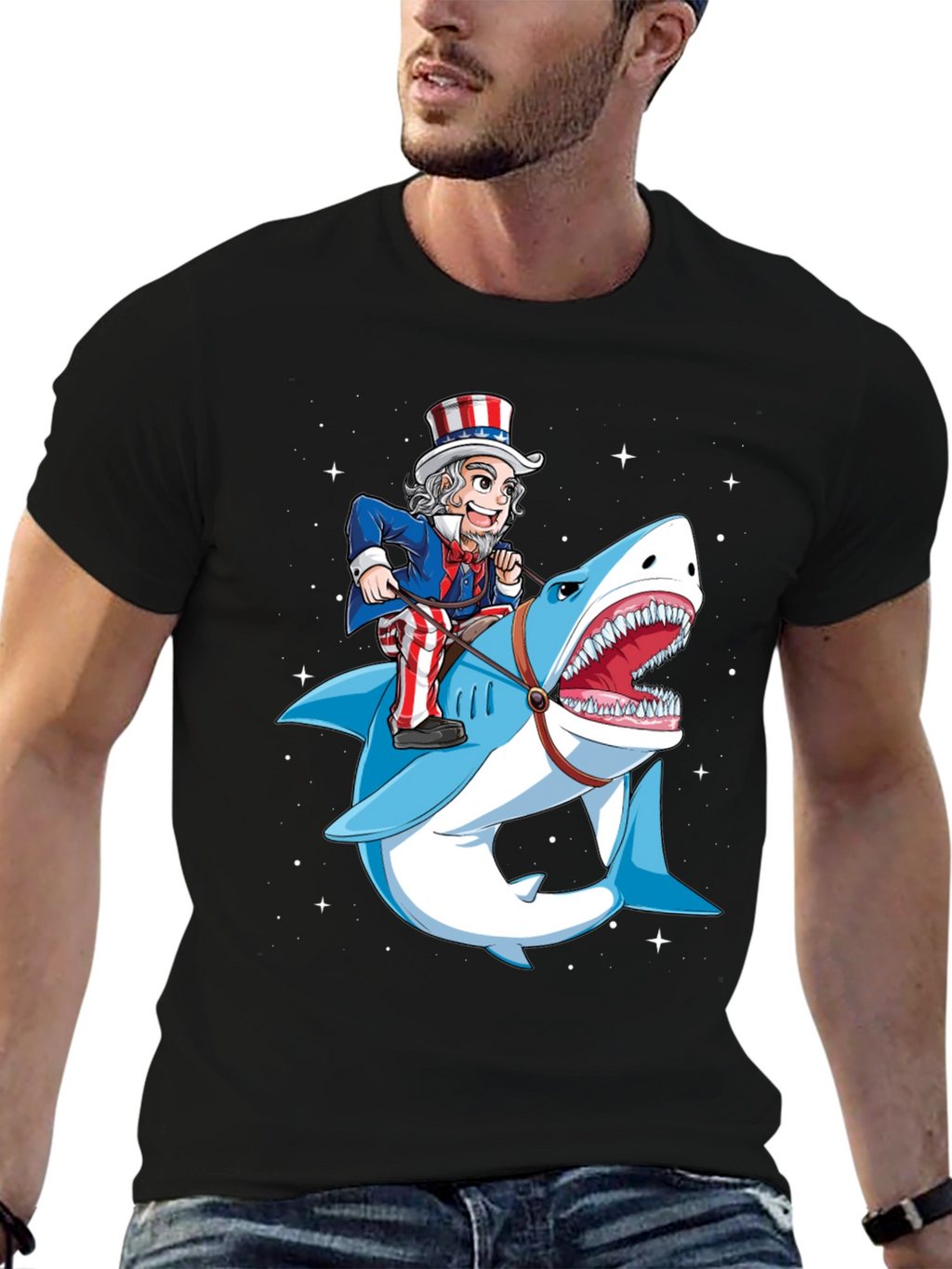 Uncle Sam Riding Shark Graphic T-Shirt
