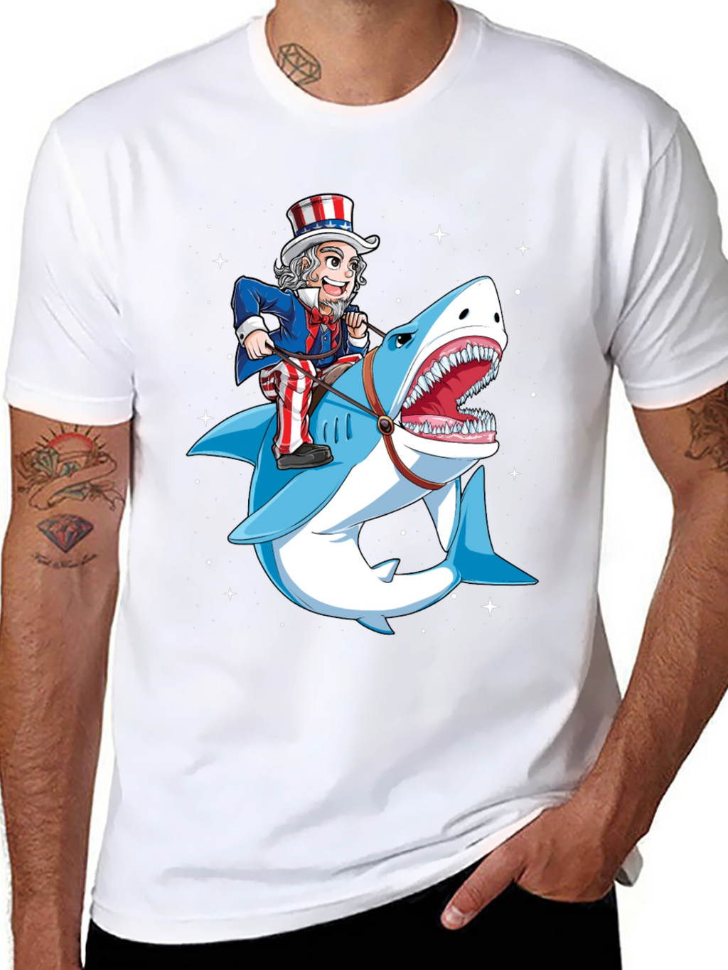 Uncle Sam Riding Shark Graphic T-Shirt
