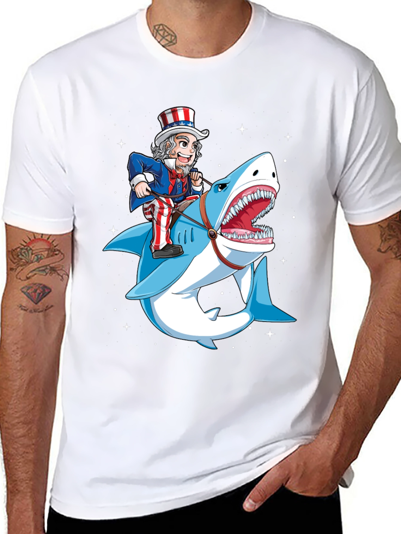 Uncle Sam Riding Shark Graphic T-Shirt