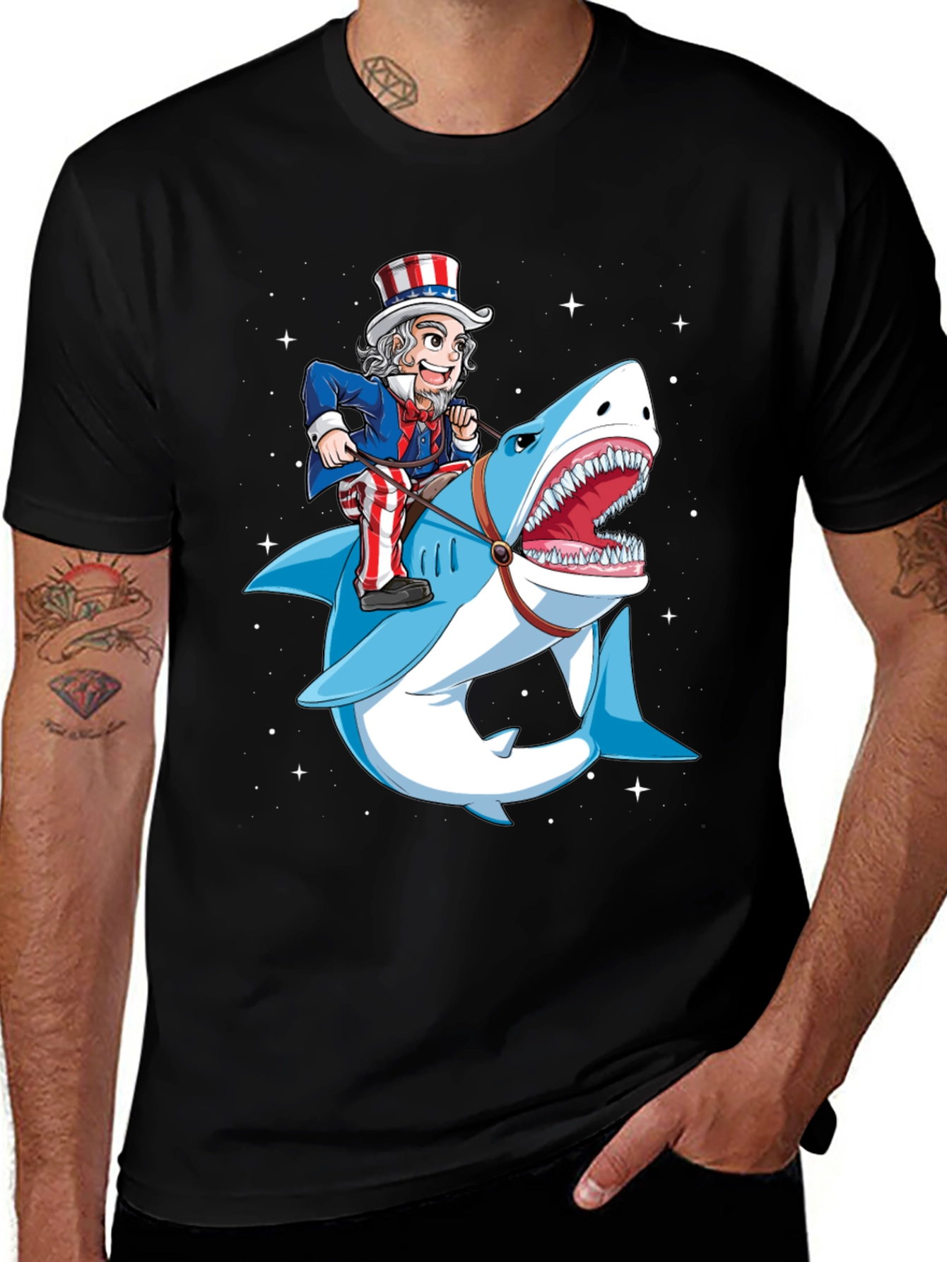 Uncle Sam Riding Shark Graphic T-Shirt