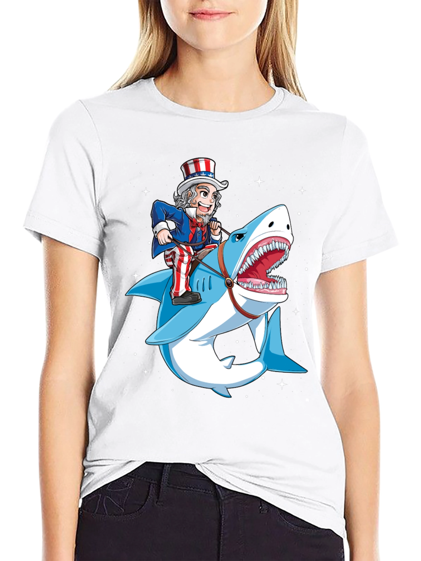 Uncle Sam Riding Shark Graphic T-Shirt