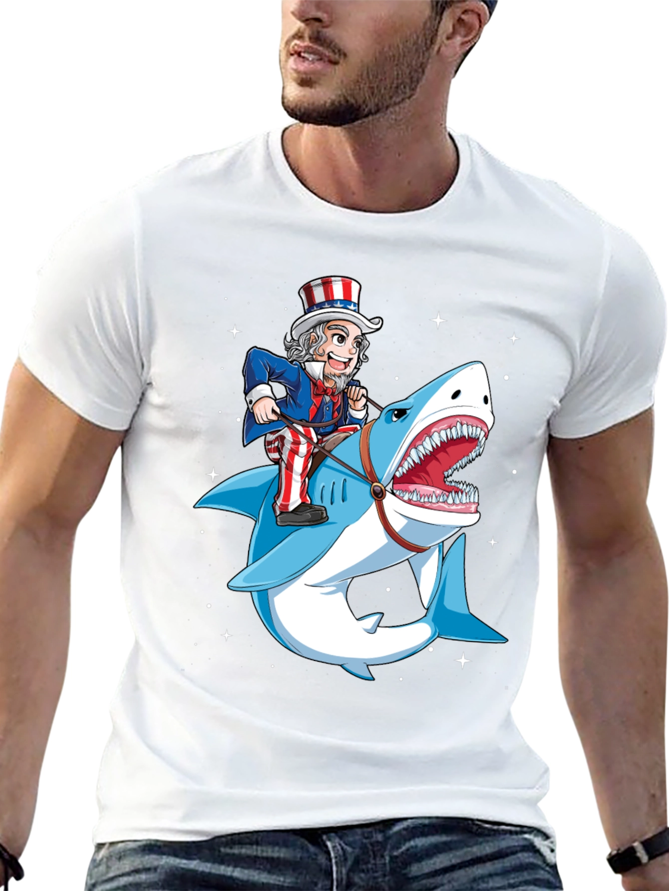 Uncle Sam Riding Shark Graphic T-Shirt
