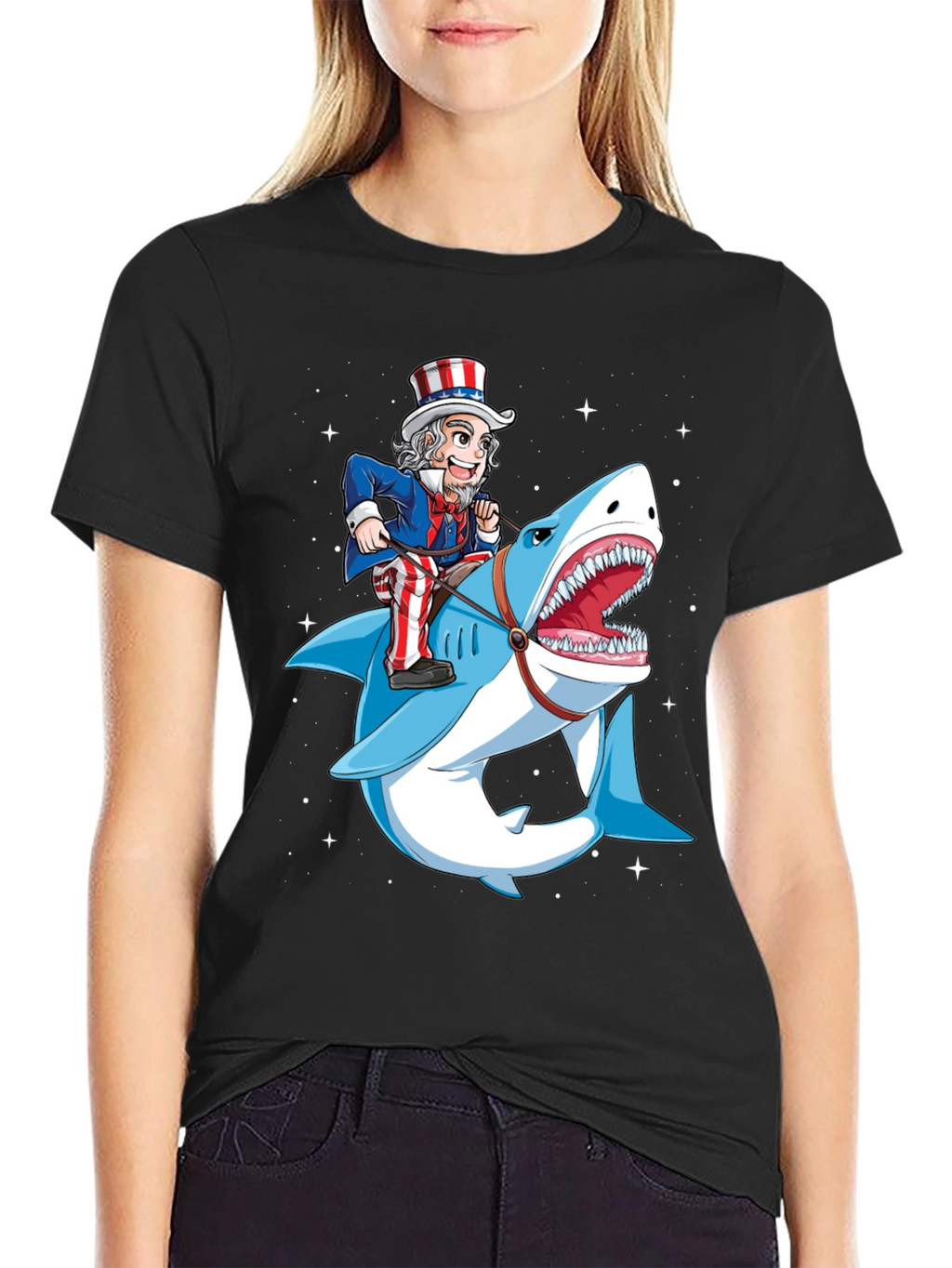 Uncle Sam Riding Shark Graphic T-Shirt