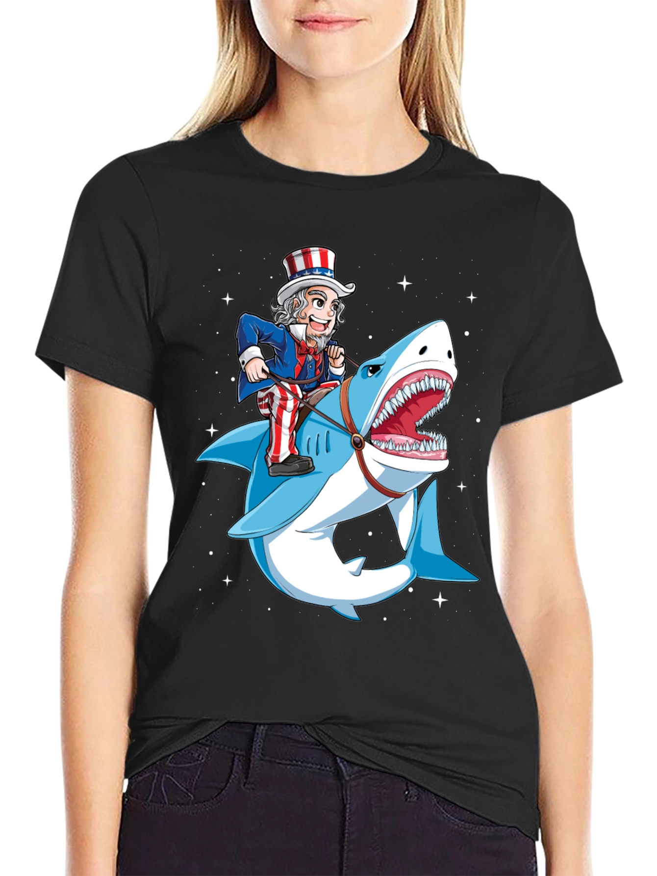 Uncle Sam Riding Shark Graphic T-Shirt