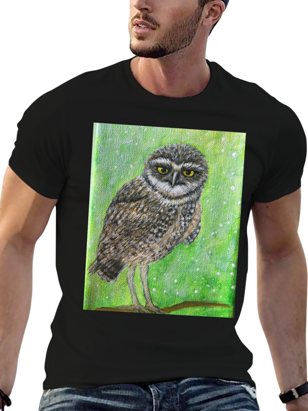 Owl Print Black T-Shirt - Unique Nature Design