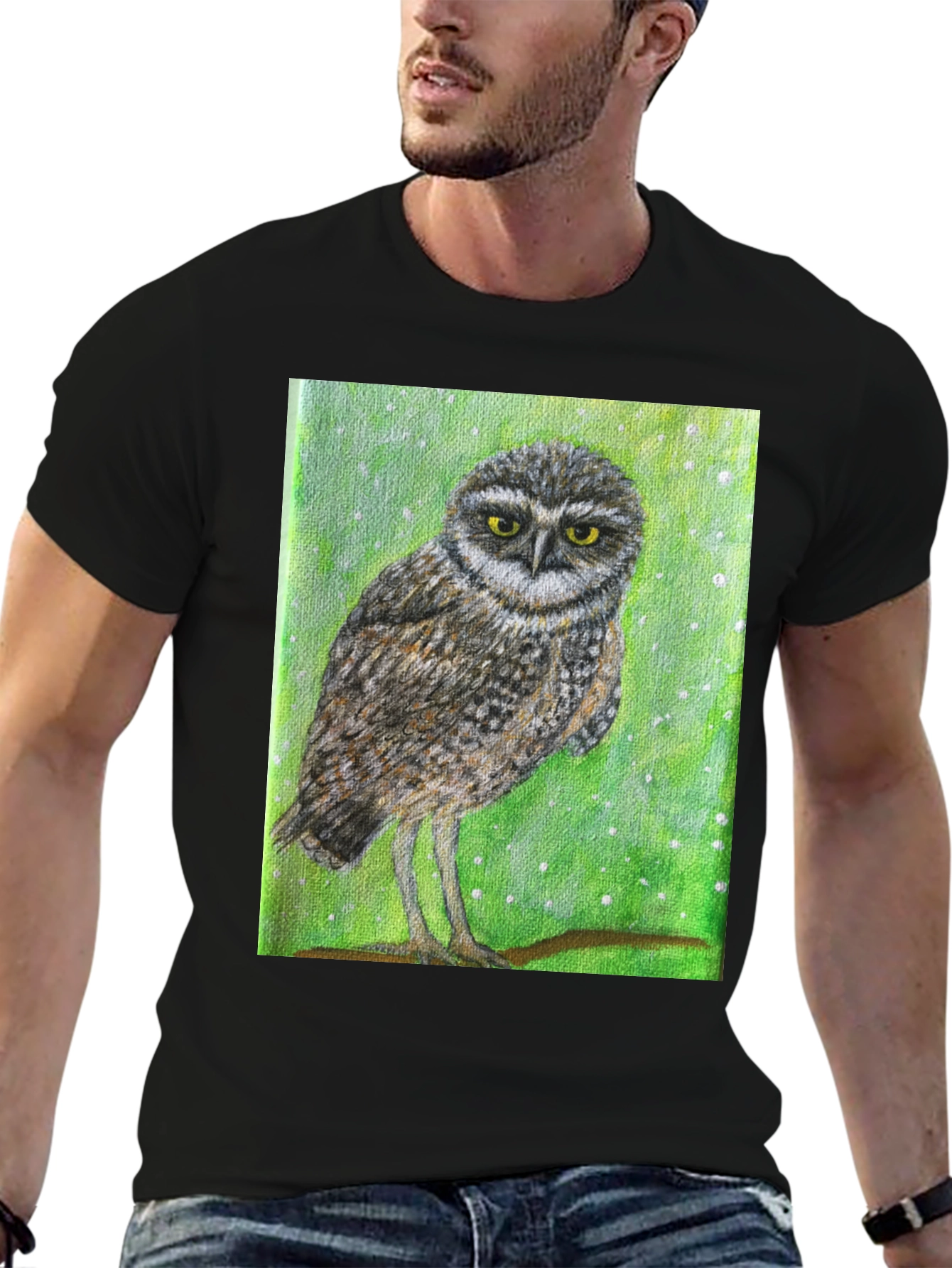 Owl Print Black T-Shirt - Unique Nature Design