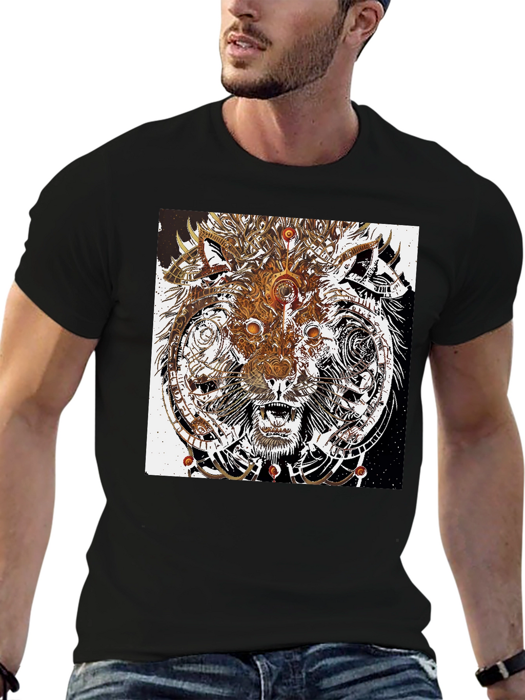 Abstract Wolf Graphic Print Black T-Shirt