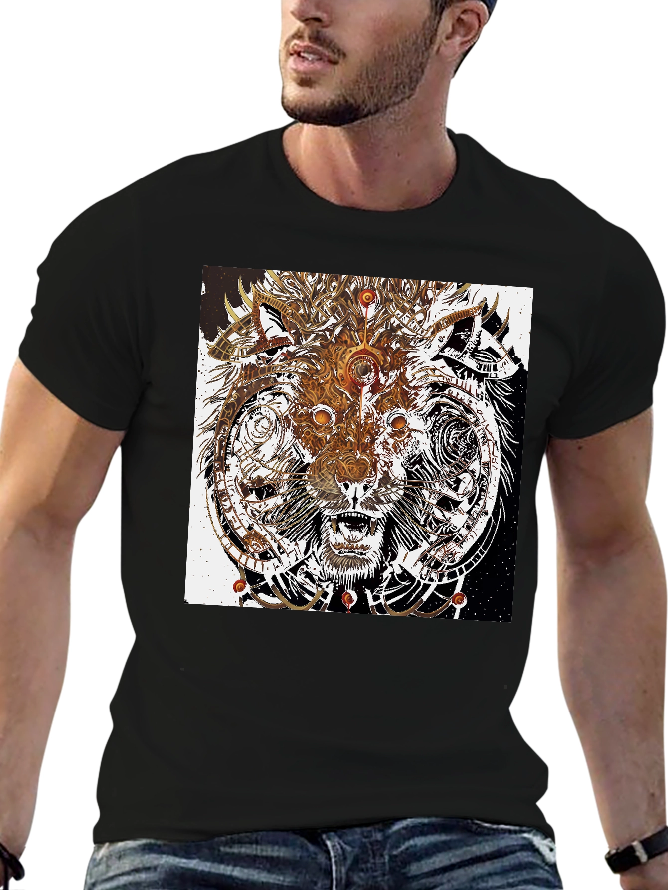 Abstract Wolf Graphic Print Black T-Shirt