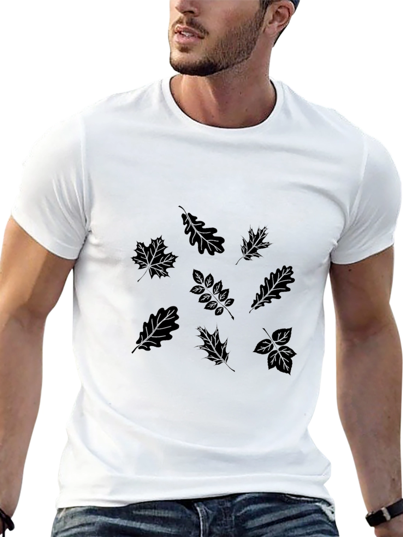 Mens Black Leaf Print T-Shirt