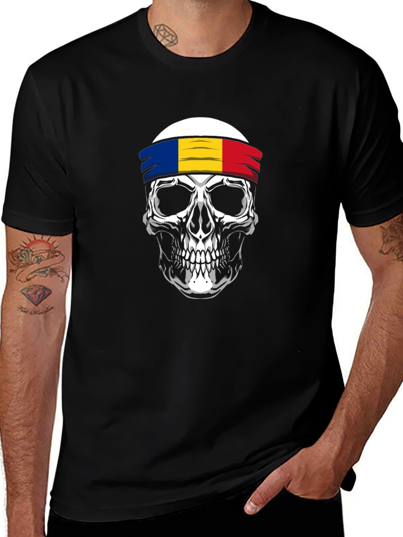 Skull T-Shirt with Romanian Flag Headband - Black Cotton Tee
