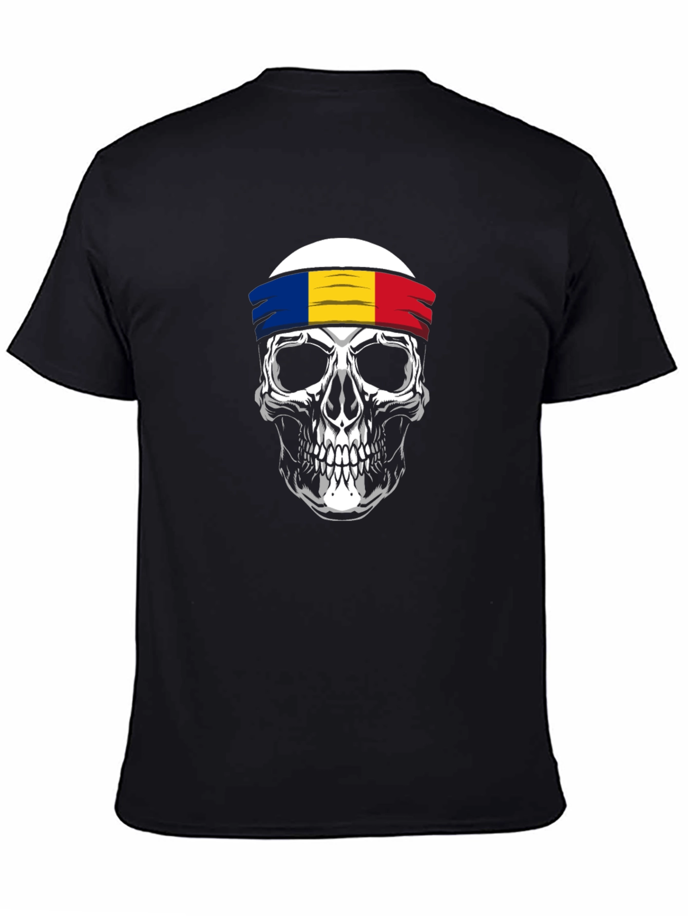 Skull T-Shirt with Romanian Flag Headband - Black Cotton Tee