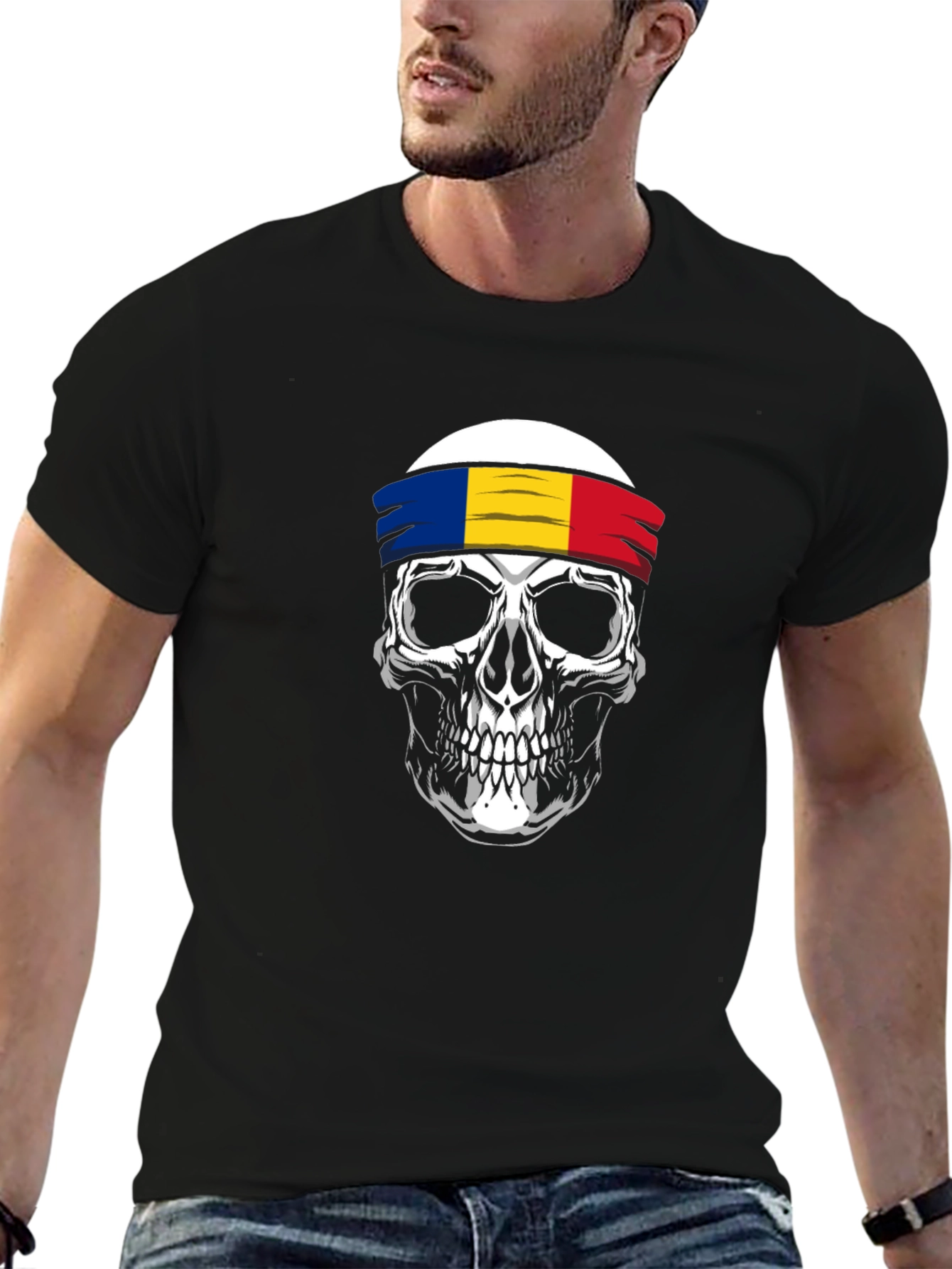 Skull T-Shirt with Romanian Flag Headband - Black Cotton Tee