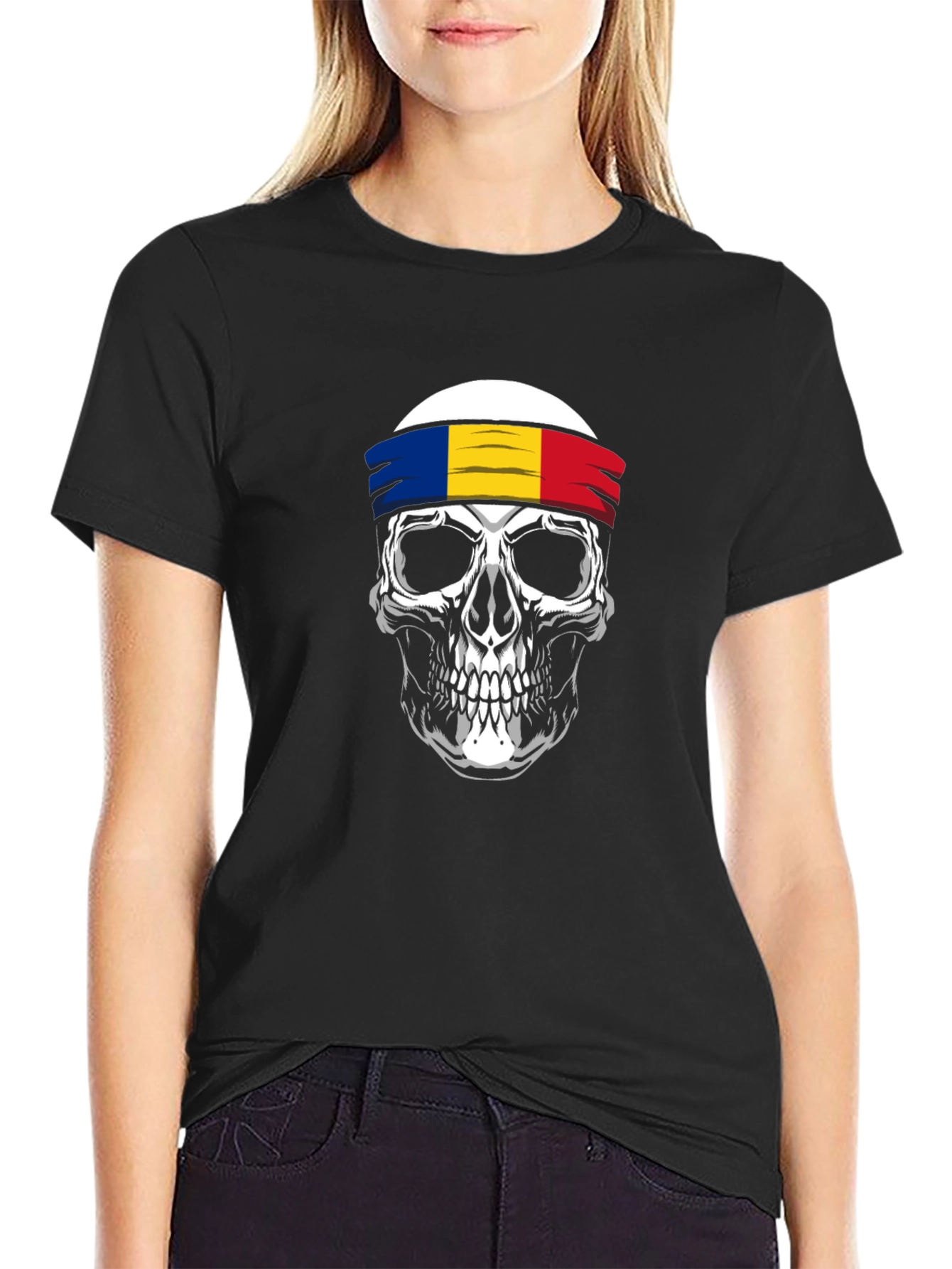 Skull T-Shirt with Romanian Flag Headband - Black Cotton Tee