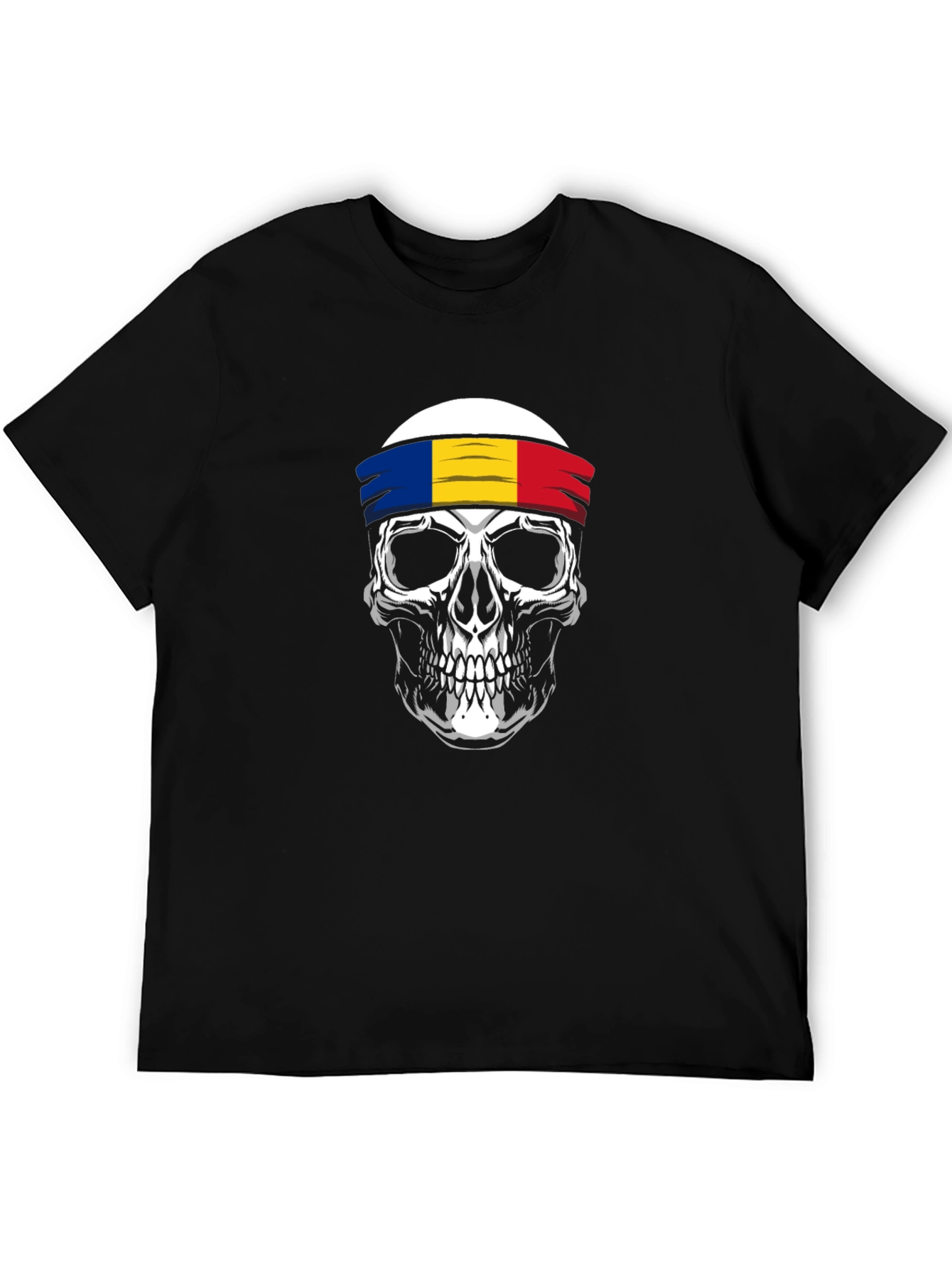 Skull T-Shirt with Romanian Flag Headband - Black Cotton Tee
