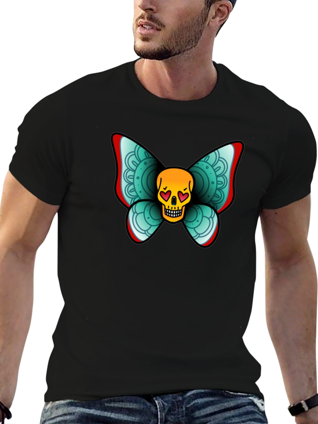 Skull Butterfly Graphic Tee - Black Cotton T-Shirt