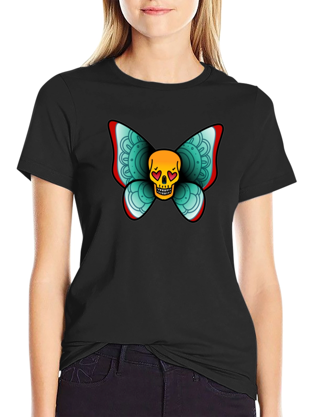 Skull Butterfly Graphic Tee - Black Cotton T-Shirt
