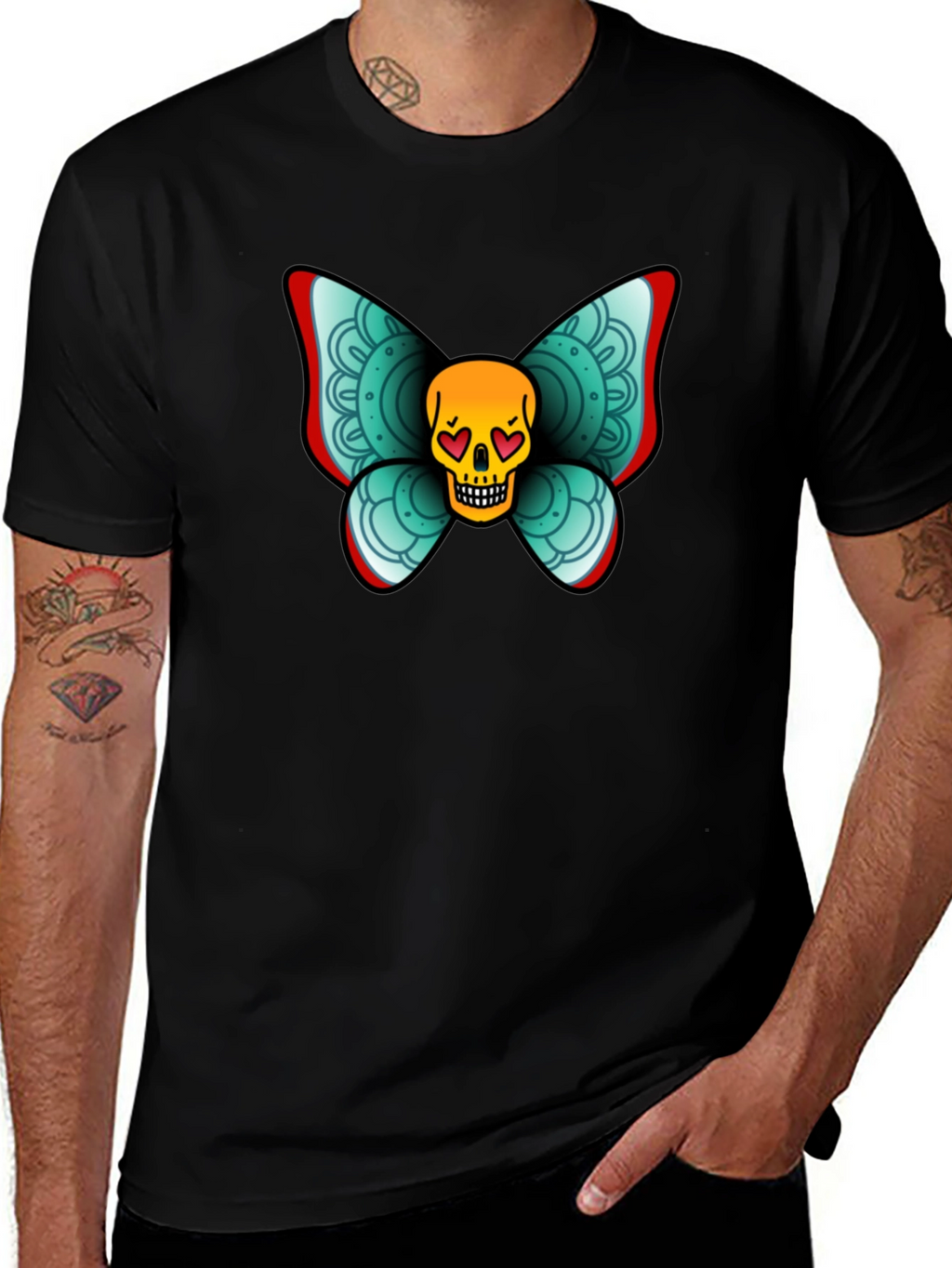 Skull Butterfly Graphic Tee - Black Cotton T-Shirt