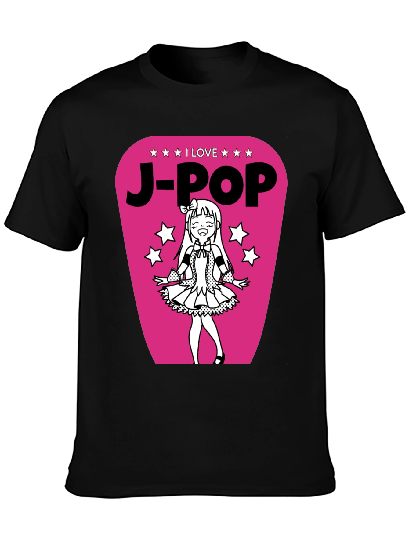 I Love J-Pop Black T-Shirt with Anime Girl Graphic