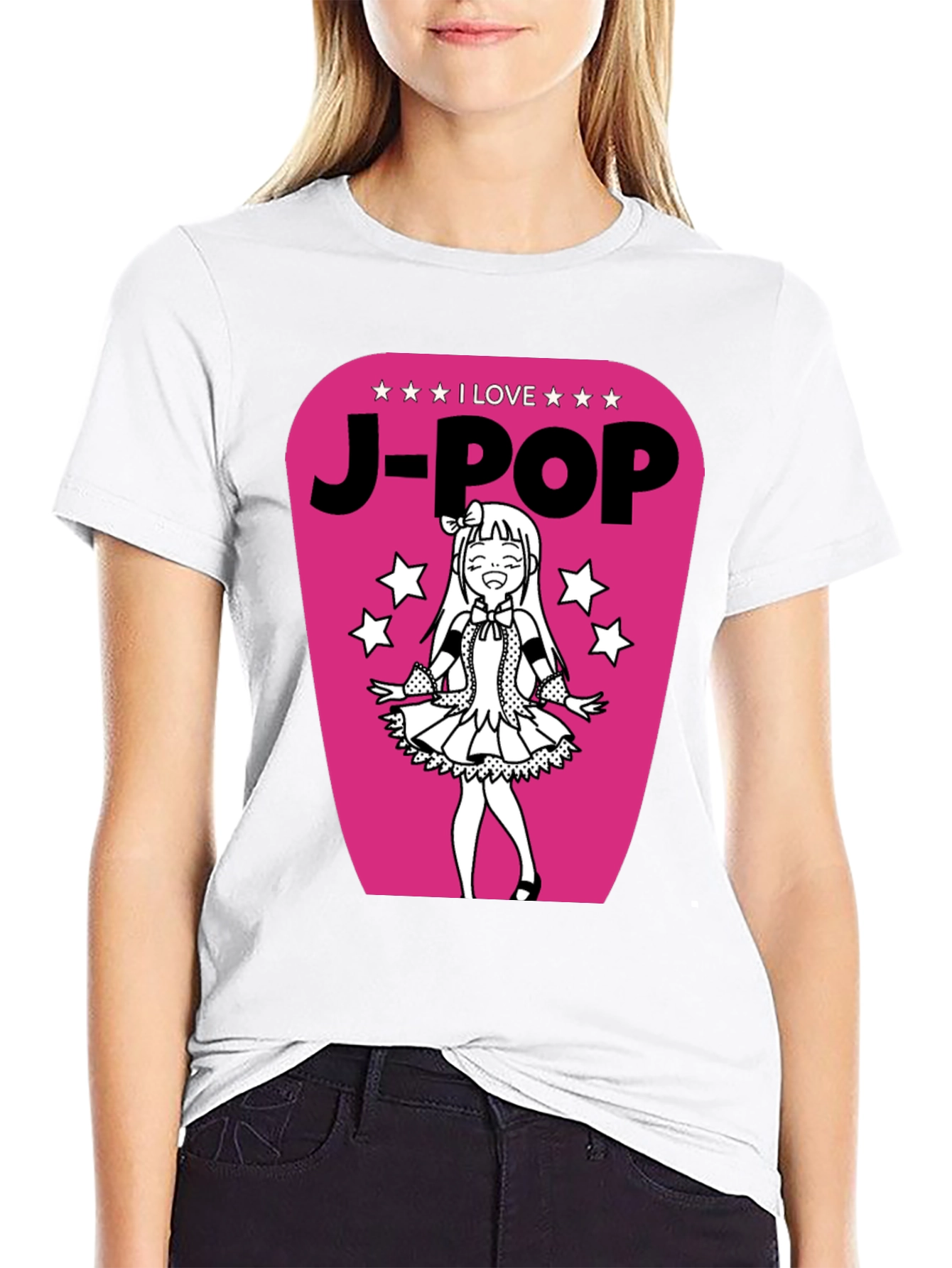 I Love J-Pop Black T-Shirt with Anime Girl Graphic