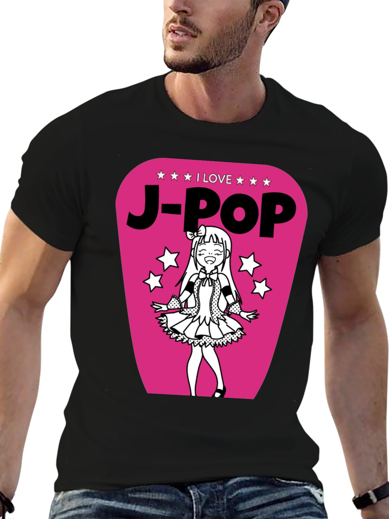 I Love J-Pop Black T-Shirt with Anime Girl Graphic