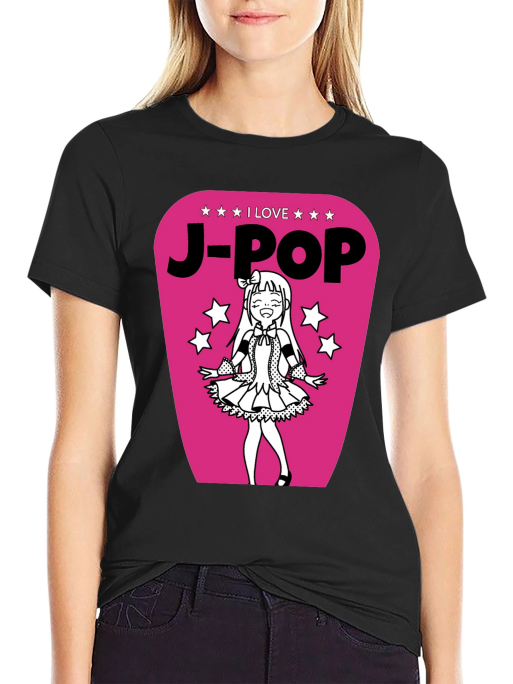 I Love J-Pop Black T-Shirt with Anime Girl Graphic