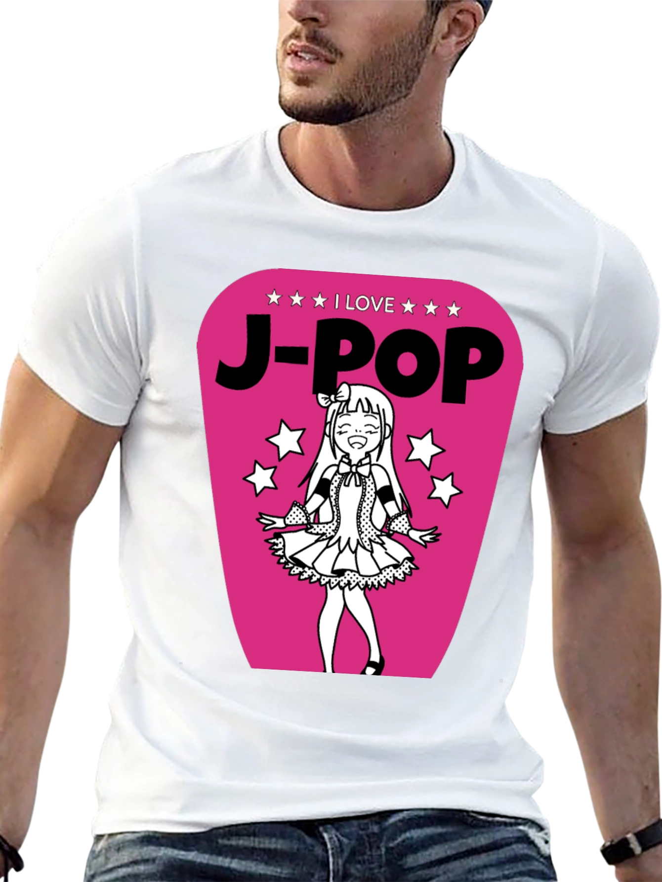 I Love J-Pop Black T-Shirt with Anime Girl Graphic