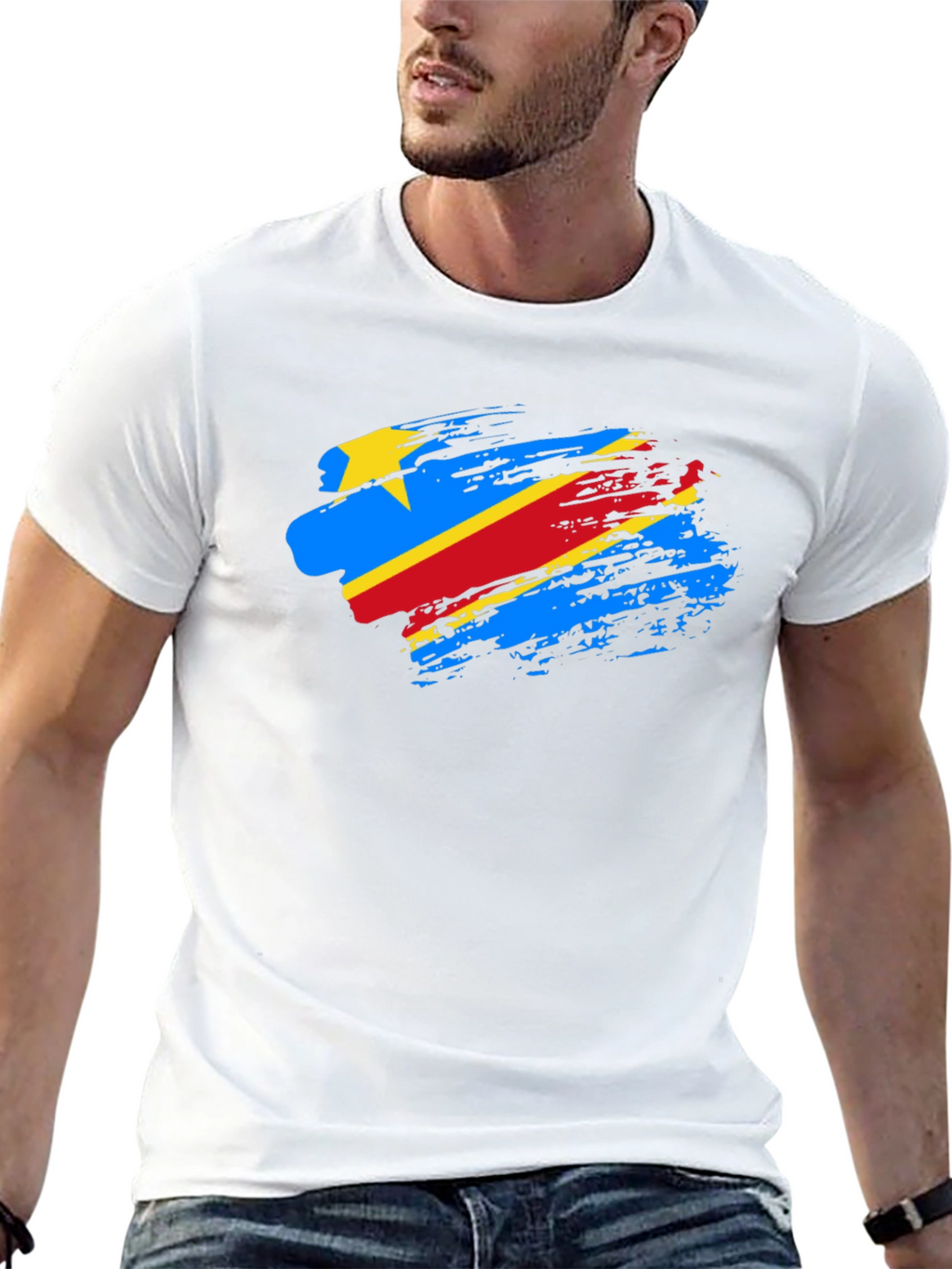 DR Congo Flag Brush Stroke Black T-Shirt
