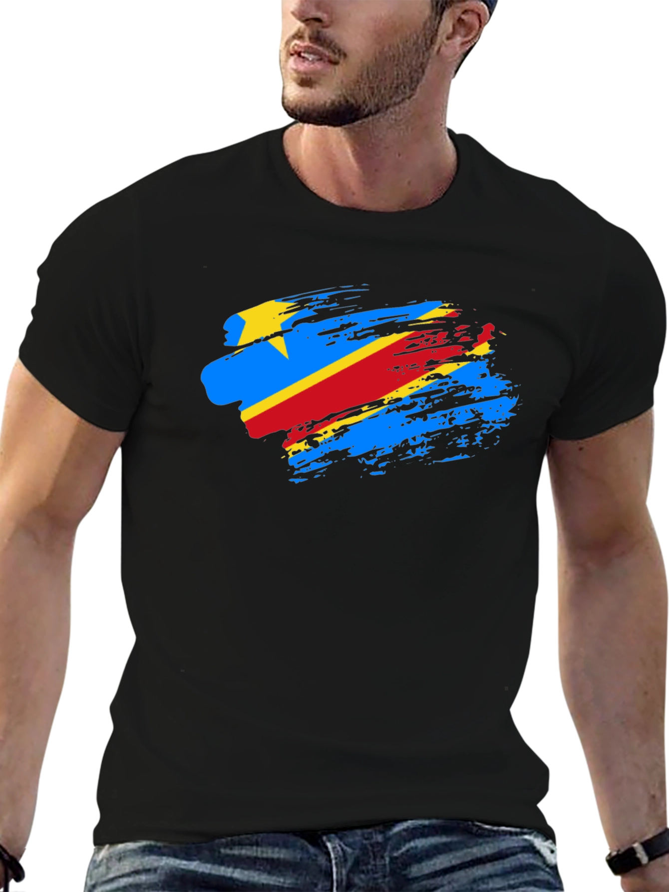 DR Congo Flag Brush Stroke Black T-Shirt