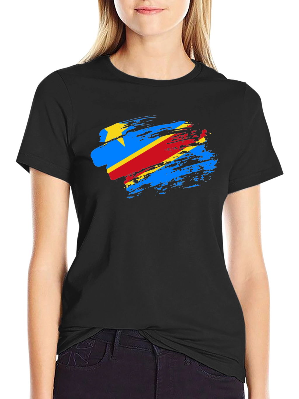 DR Congo Flag Brush Stroke Black T-Shirt