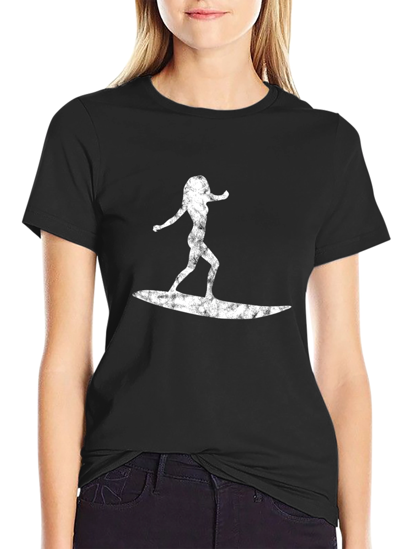 Surfer Girl Graphic Tee - Black Cotton T-Shirt