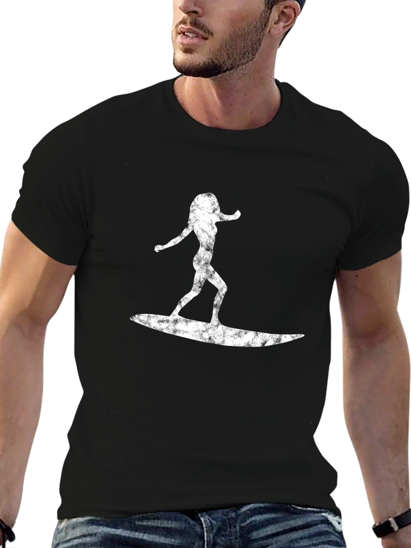Surfer Girl Graphic Tee - Black Cotton T-Shirt