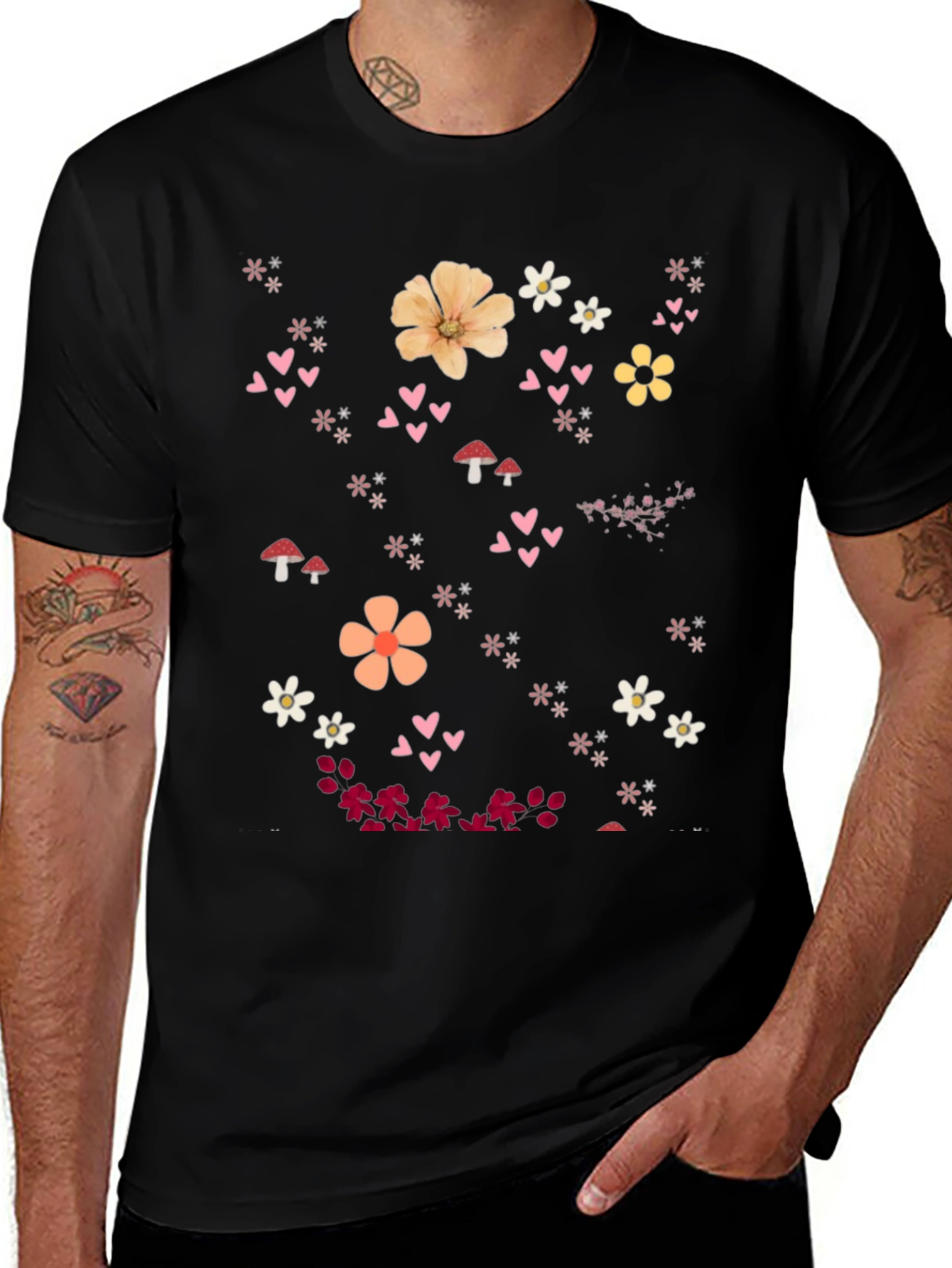 Floral Heart Graphic Black T-Shirt