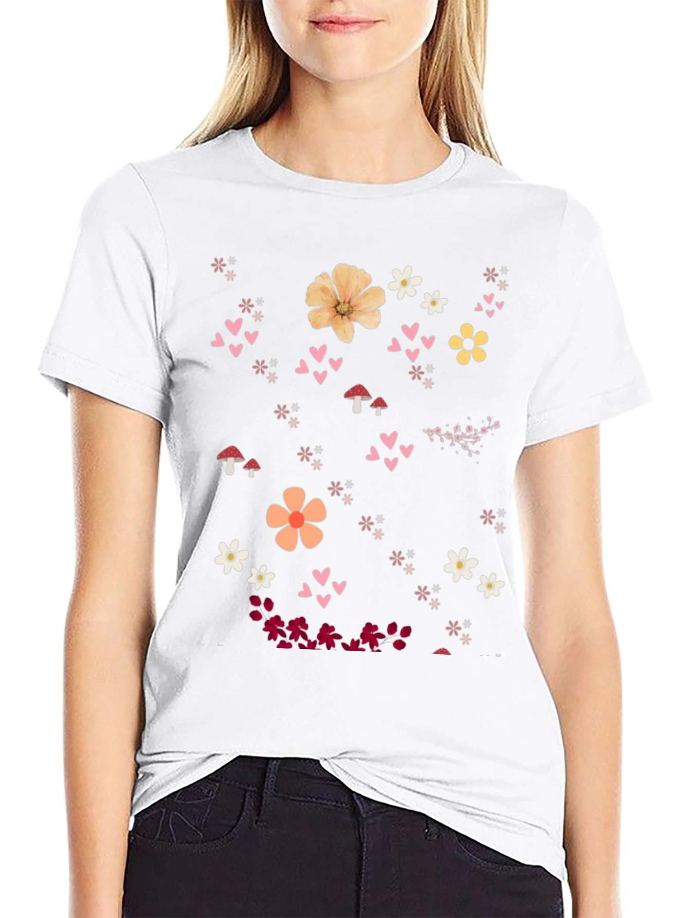Floral Heart Graphic Black T-Shirt