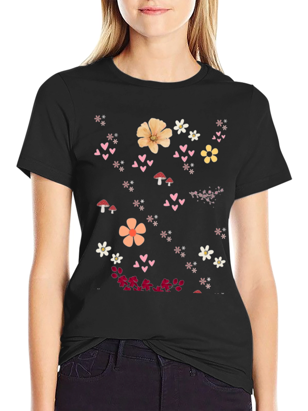 Floral Heart Graphic Black T-Shirt