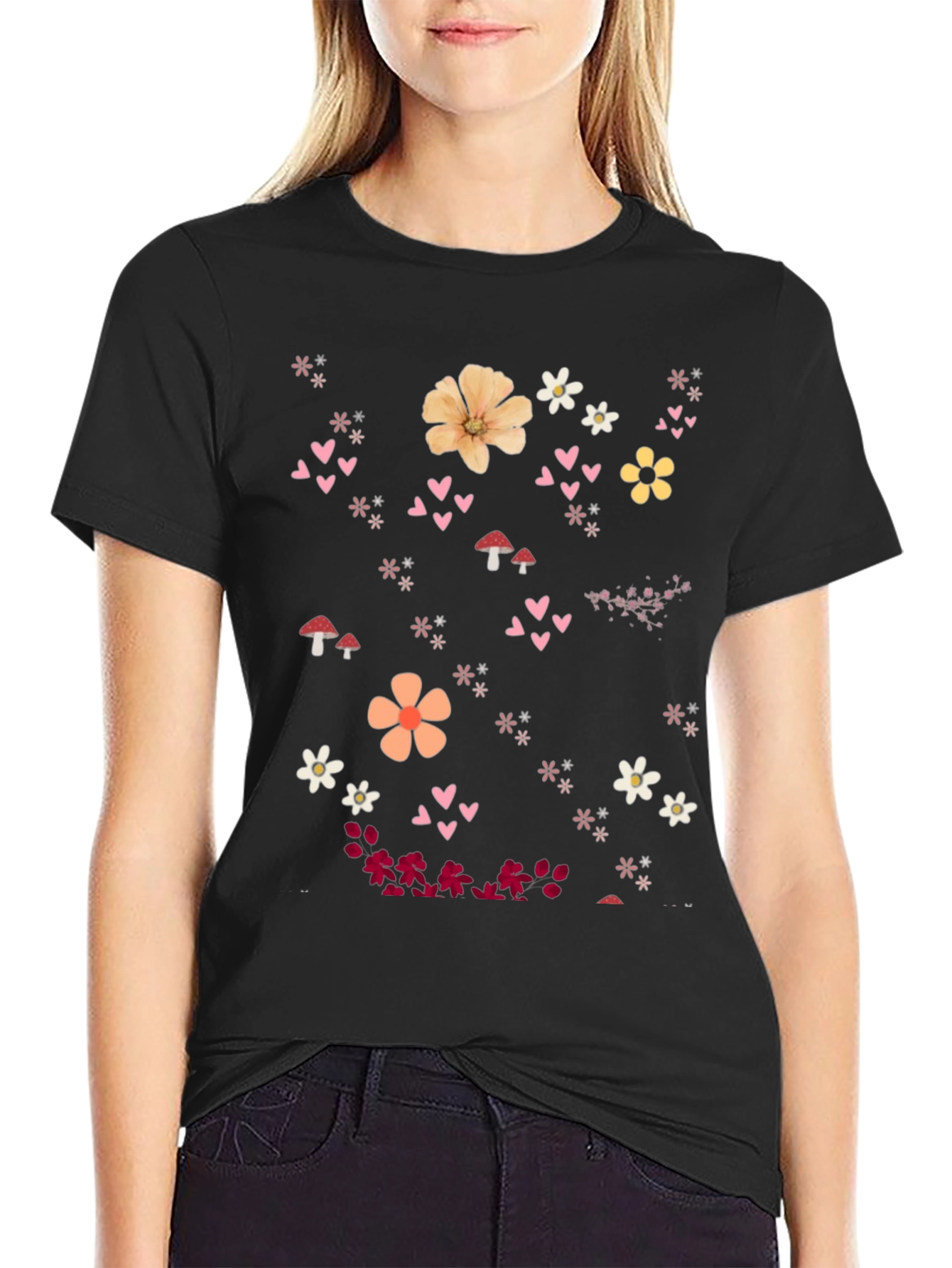 Floral Heart Graphic Black T-Shirt
