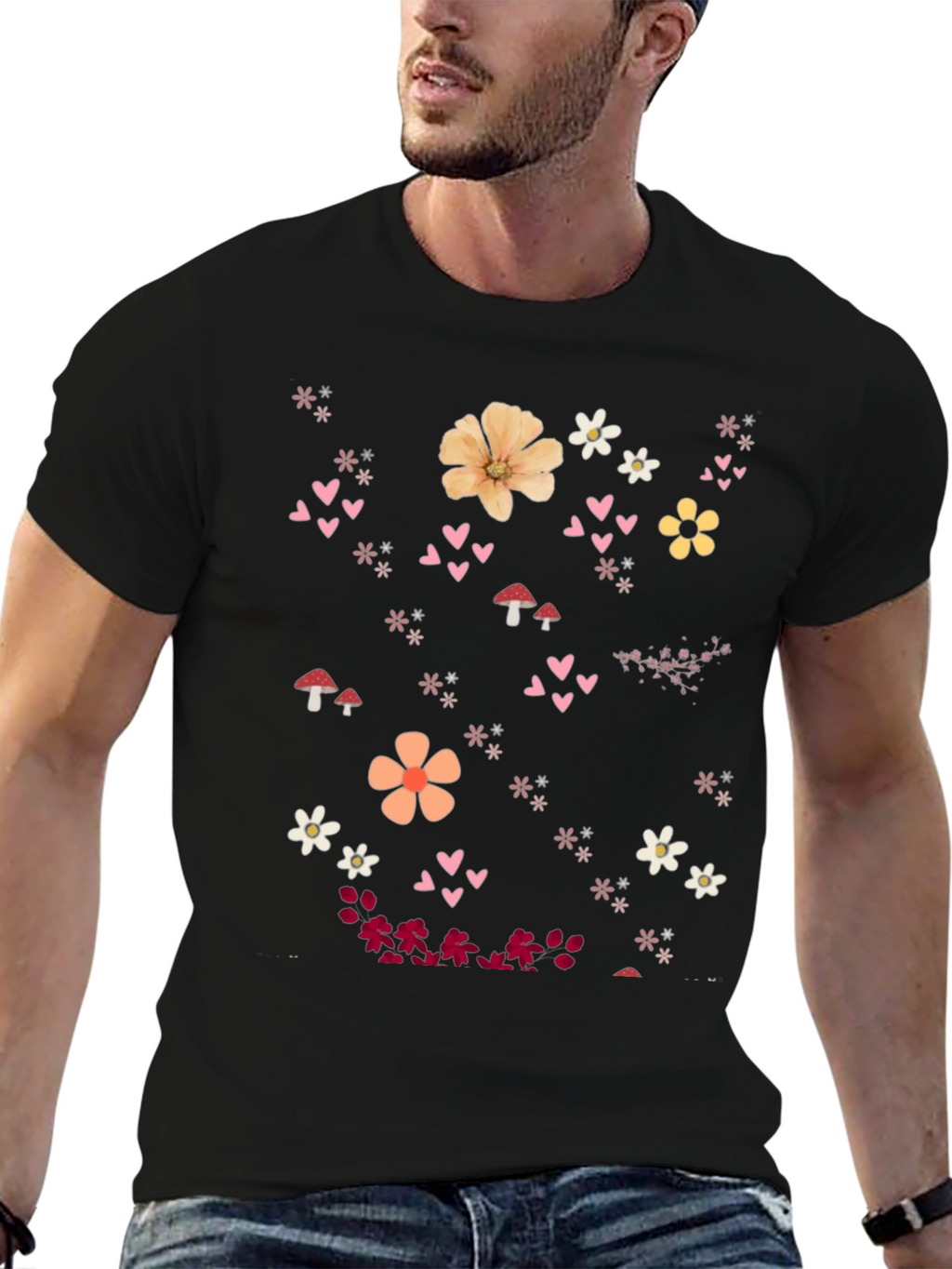 Floral Heart Graphic Black T-Shirt