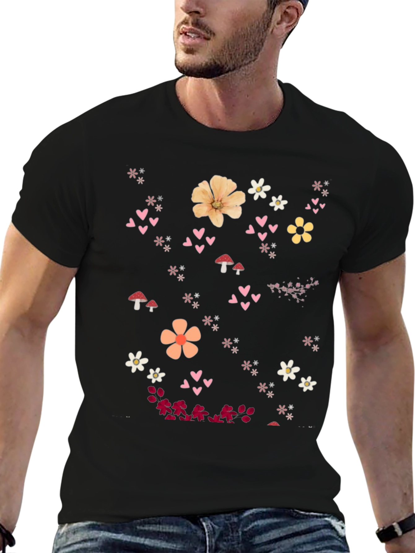 Floral Heart Graphic Black T-Shirt