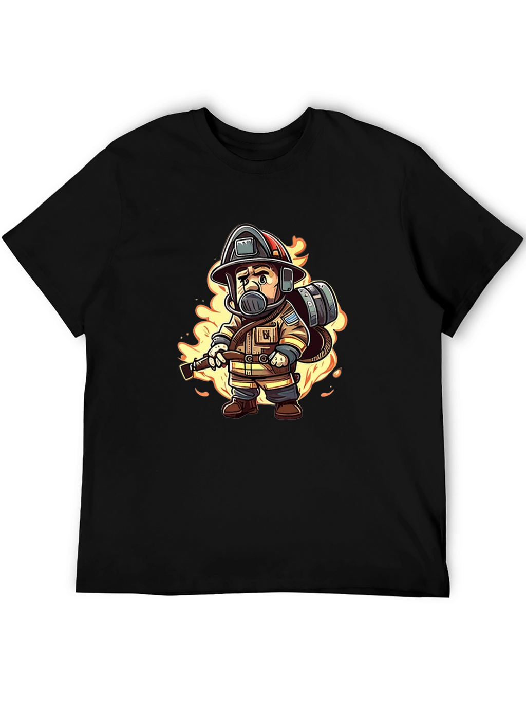 Cartoon Firefighter Black T-Shirt