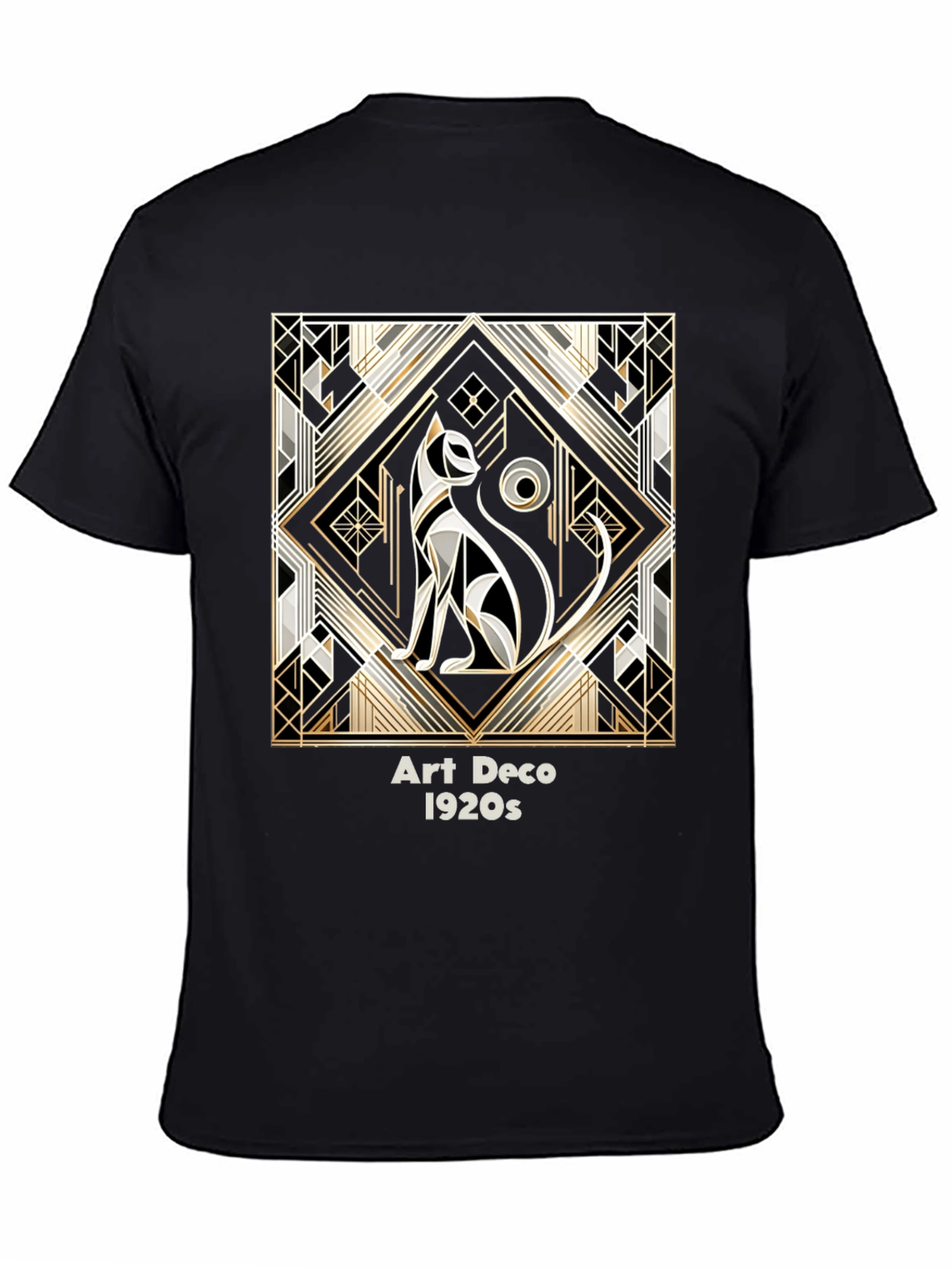 Art Deco Cat Graphic Tee - 1920s Inspired Black T-Shirt