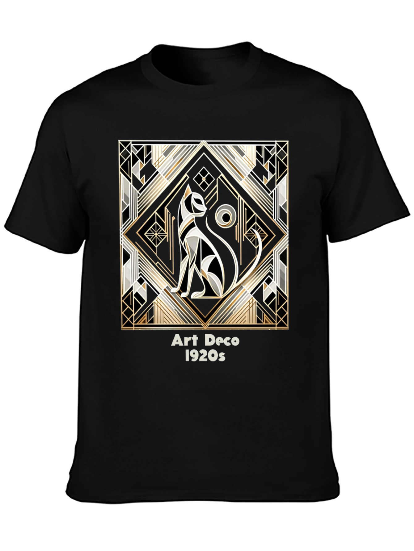 Art Deco Cat Graphic Tee - 1920s Inspired Black T-Shirt