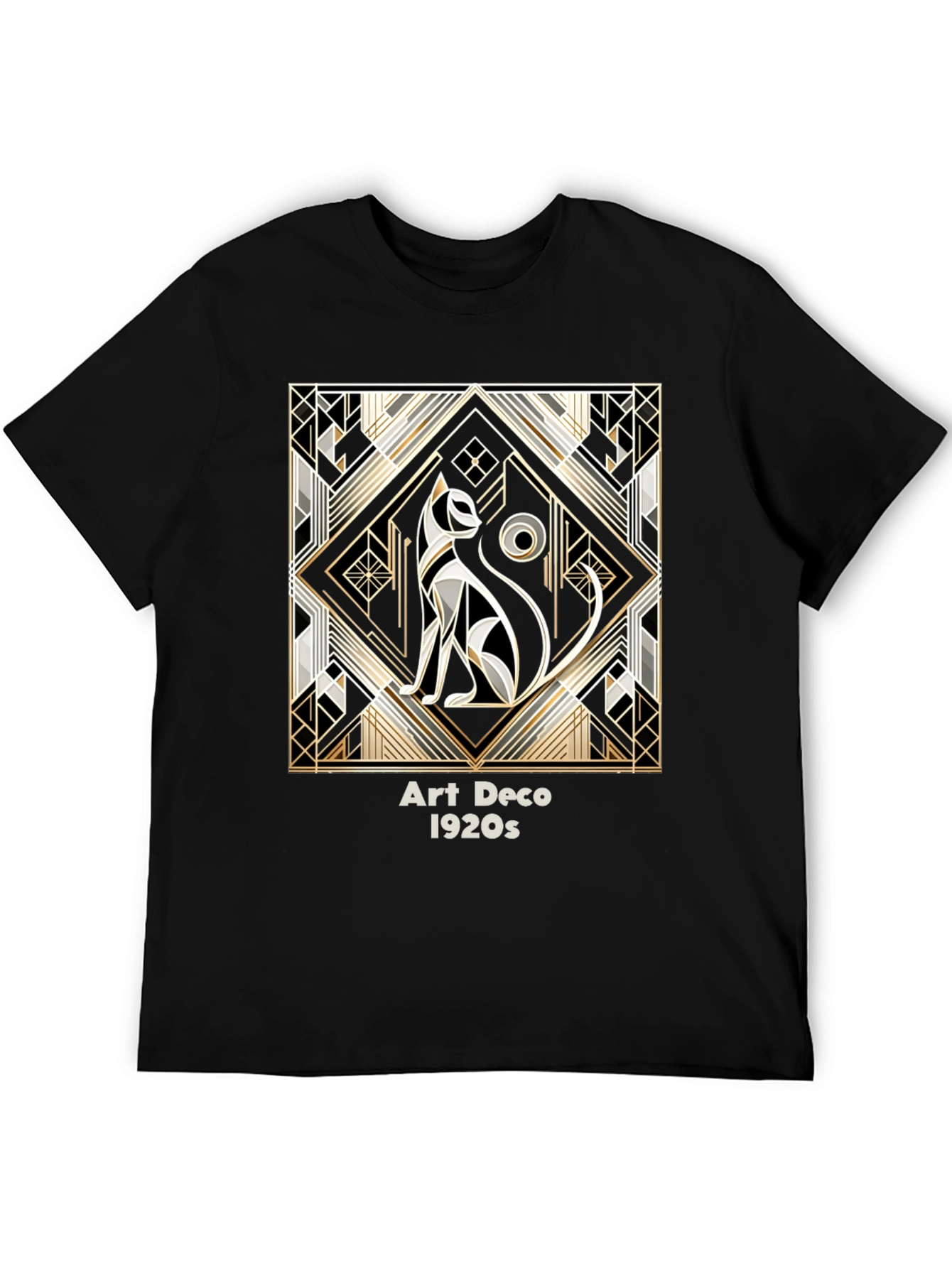 Art Deco Cat Graphic Tee - 1920s Inspired Black T-Shirt