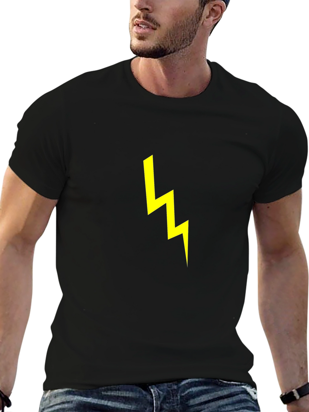 Black T-Shirt with Yellow Lightning Bolt Graphic