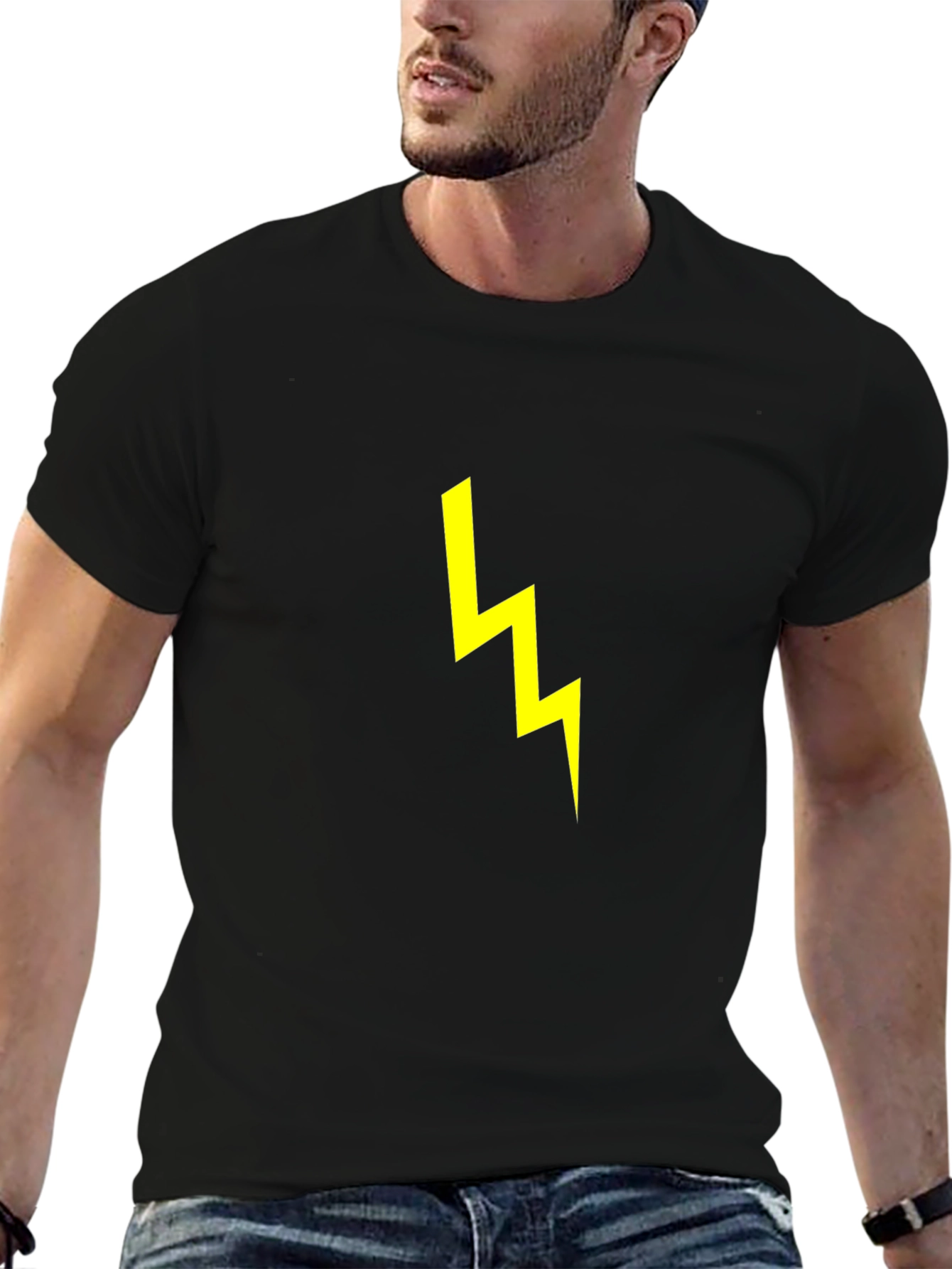 Black T-Shirt with Yellow Lightning Bolt Graphic