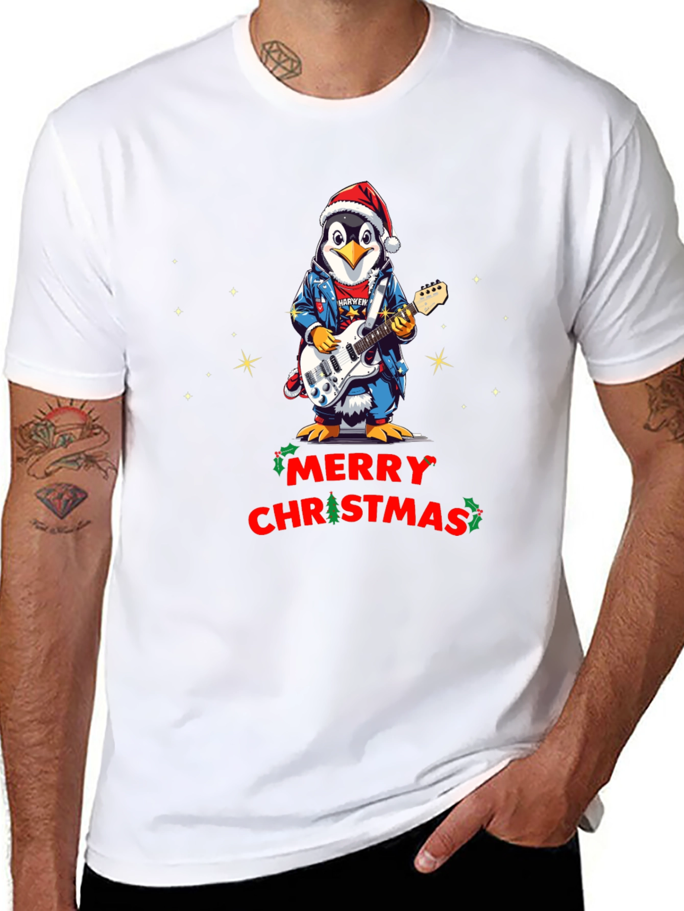 Merry Christmas Penguin Guitarist T-Shirt