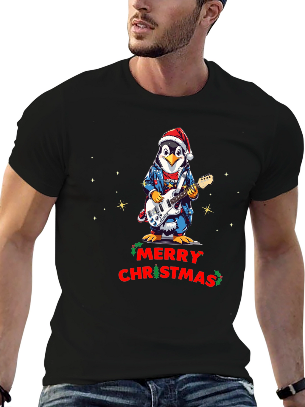 Merry Christmas Penguin Guitarist T-Shirt