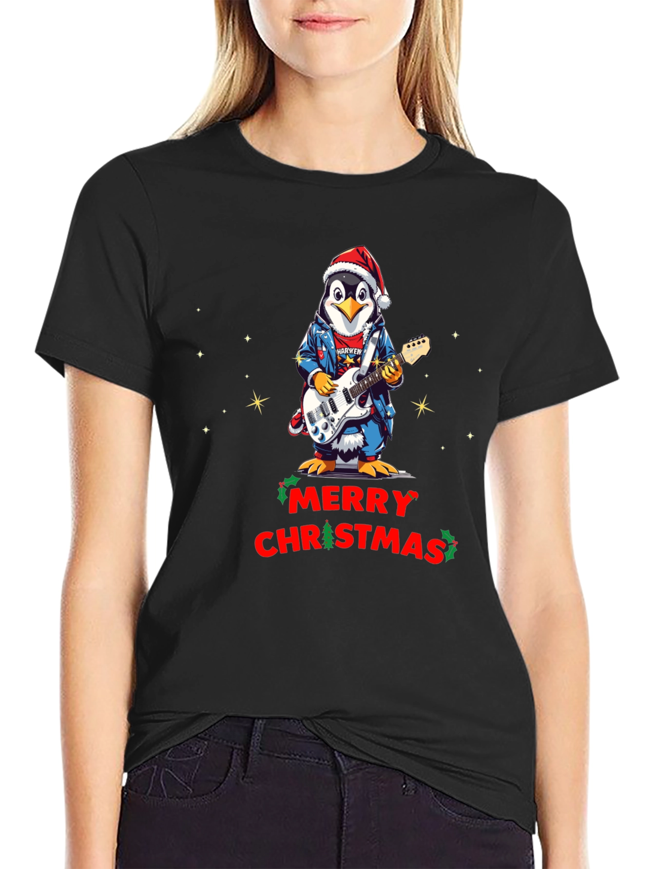 Merry Christmas Penguin Guitarist T-Shirt