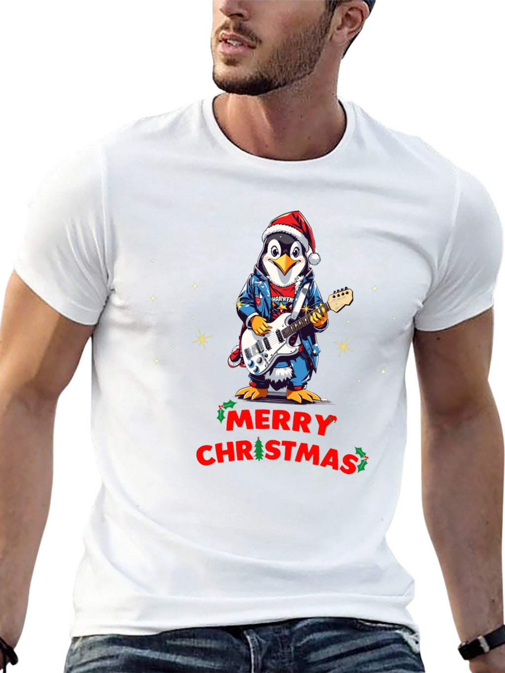 Merry Christmas Penguin Guitarist T-Shirt
