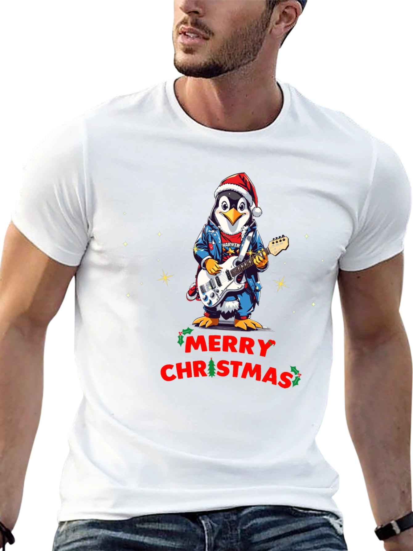 Merry Christmas Penguin Guitarist T-Shirt